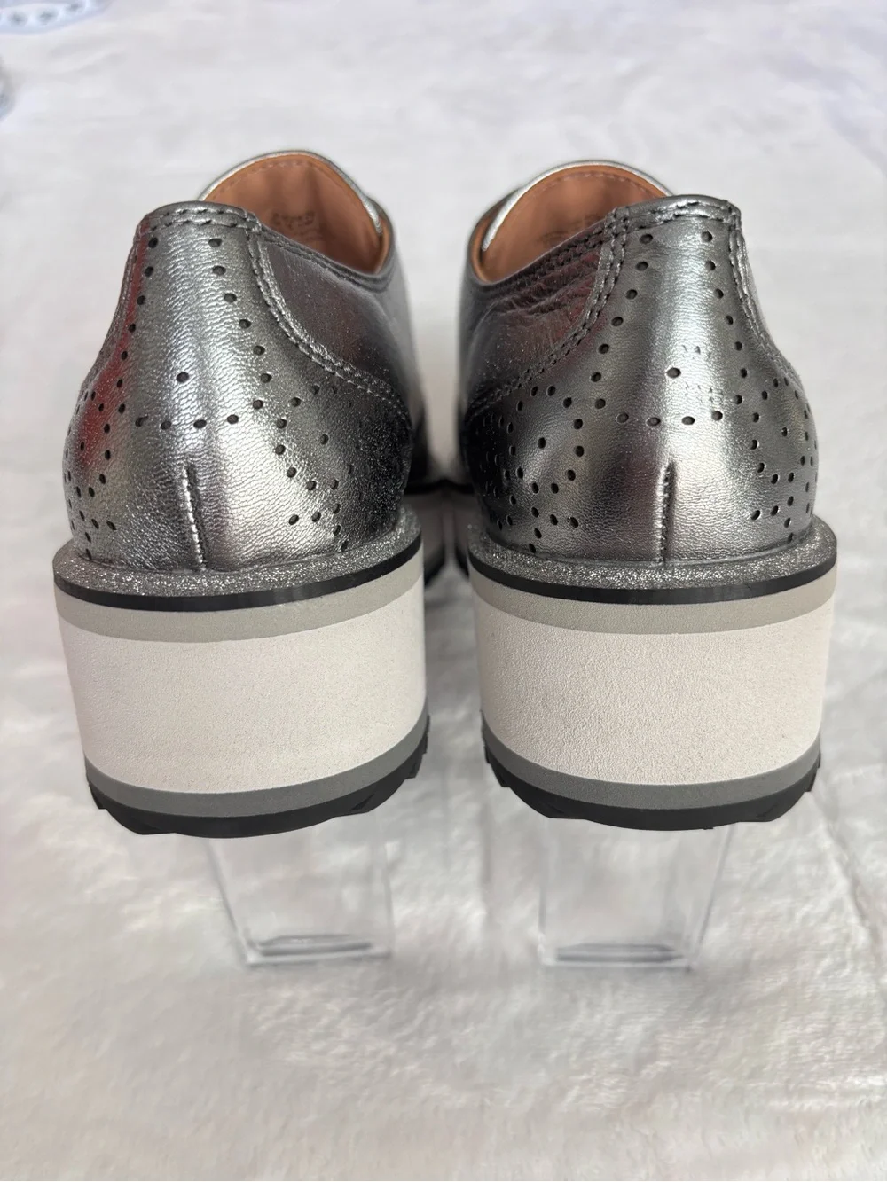 JOHNSTON & MURPHY Gracelyn Gore Metallic Pewter Slip-On Oxford Wedge--NEW--6.5